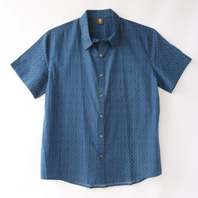 Shipibo Conibo Blue Half Sleeve Button Up Shirt