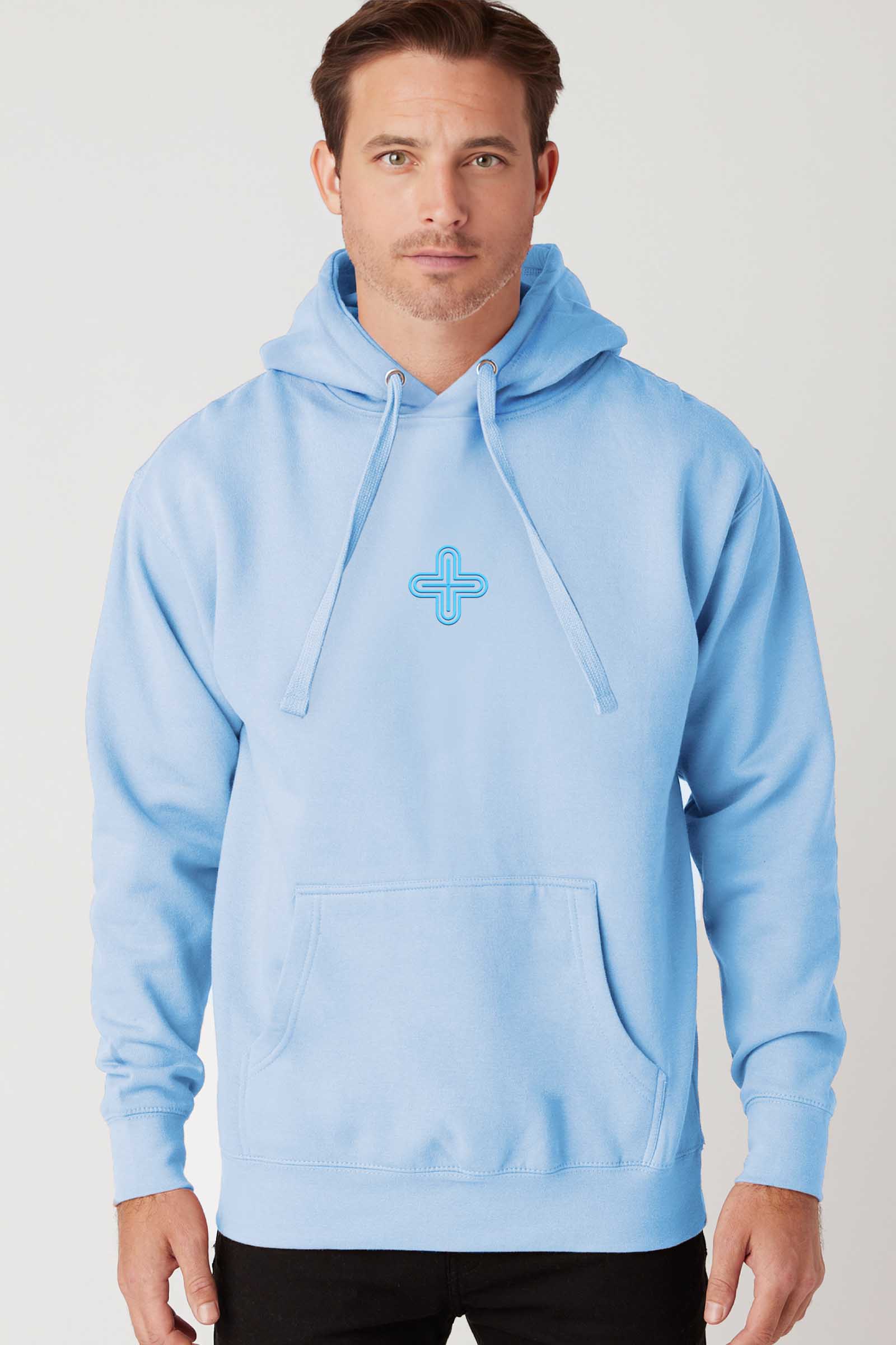 Plus Light Blue Embroidery Sky Blue Men Hoodie