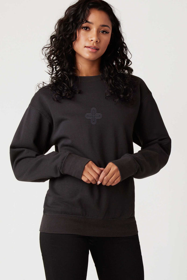 Plus - Monochrome Embroidery Women Sweatshirt - Black