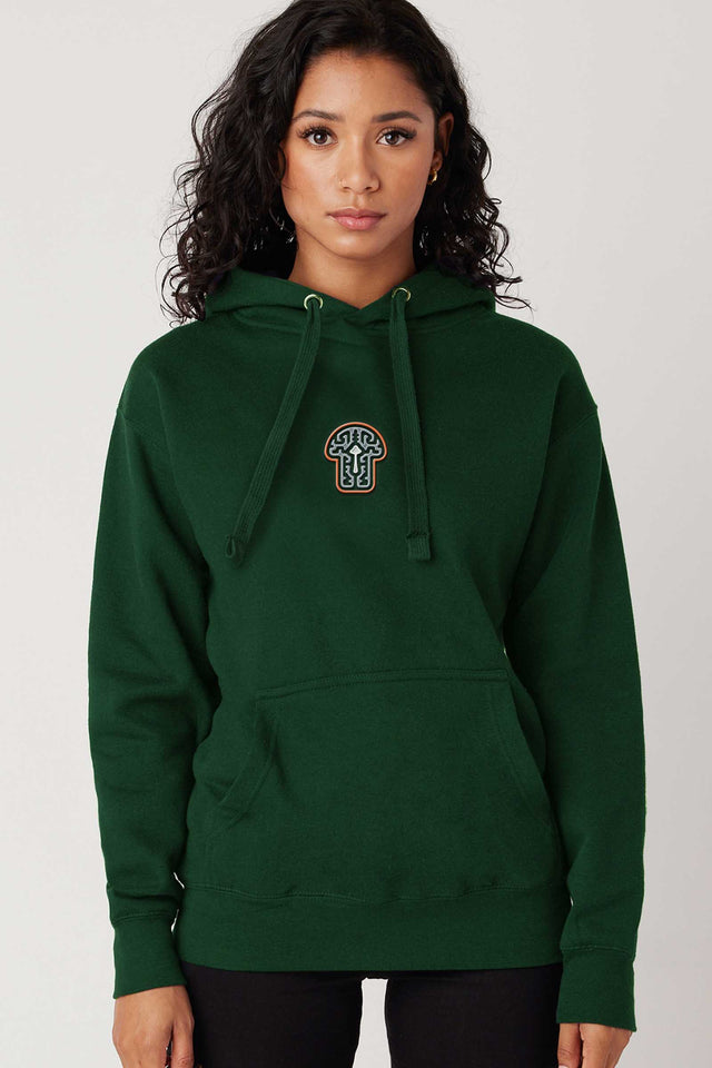 Shroom - Green Embroidery on Forest Green -  Women Hoodie