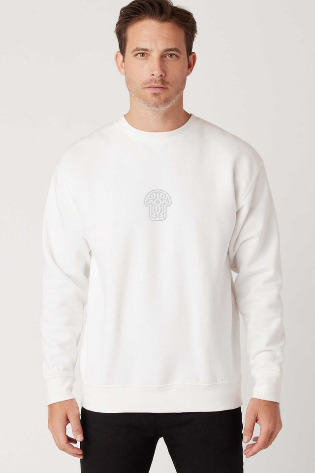 Psychedelic Shroom - Monochrome Embroidery Men Sweatshirt - White