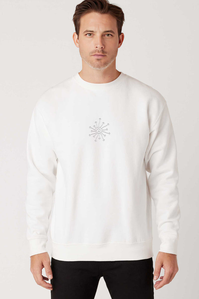 Shroomy - Monochrome Embroidery Men Sweatshirt - White
